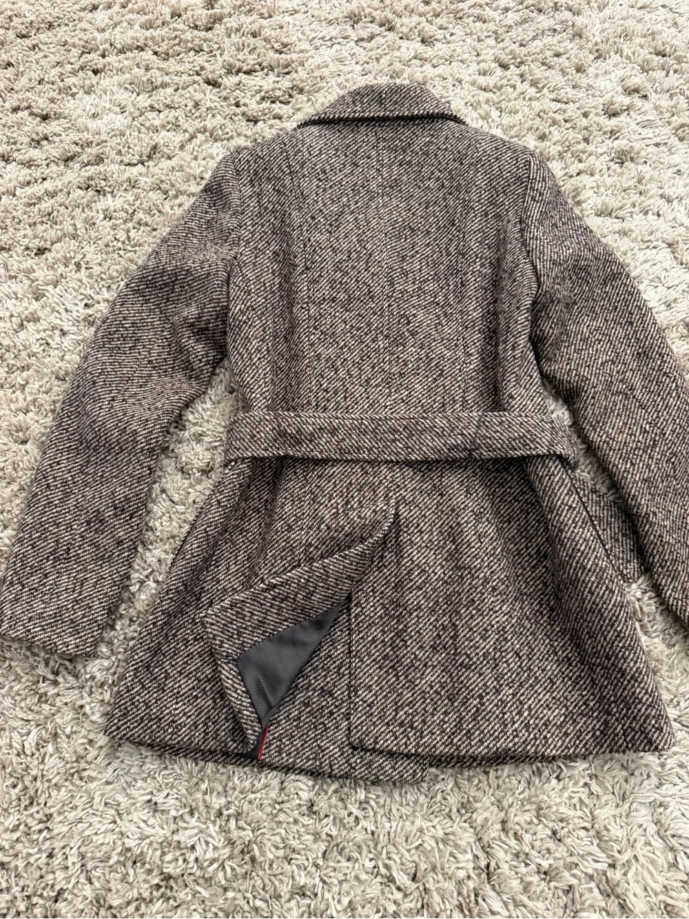 Calvin Klein Brown Tweed Double-Breasted Belted Peacoat